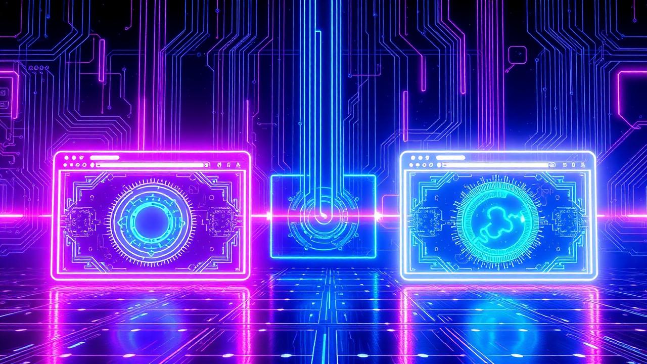 Neon illustration of competing AI browsers as glowing portals on a circuit grid
