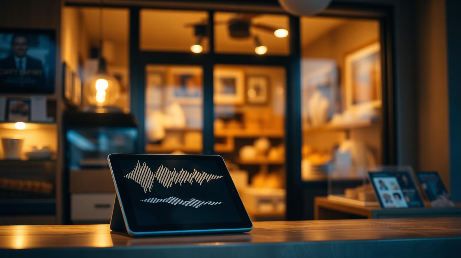 AI receptionist for small business 2026 — tablet with voice assistant glowing on a local shop counter at golden hour