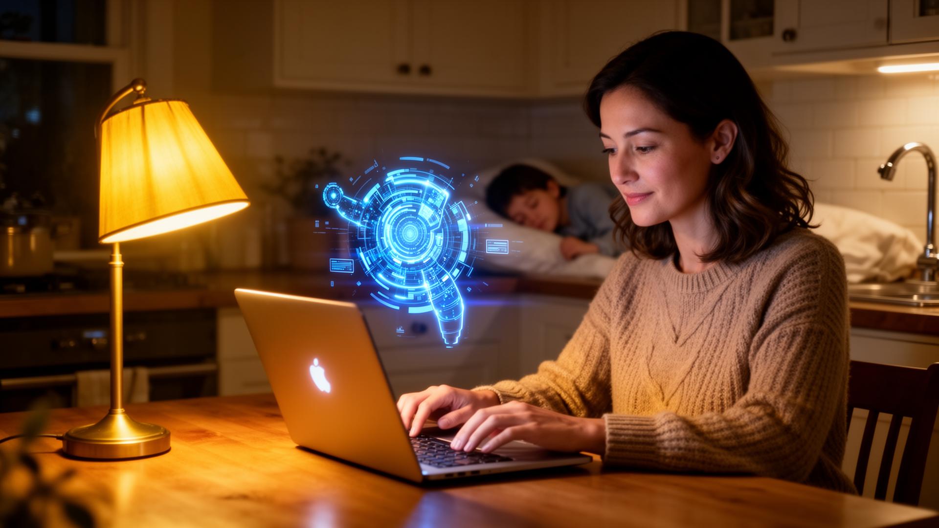 How AI agents help single moms make money from home in 2026 — single mother working on laptop at night with AI assistant