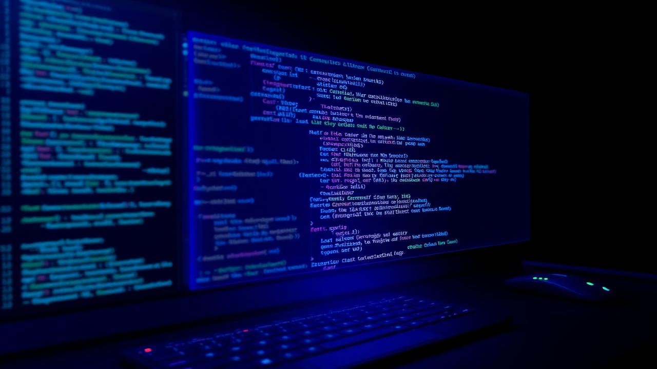 AI coding agent rendering glowing source code on a dark monitor