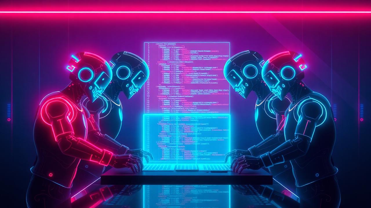 Four glowing AI coding agents dueling over a holographic code editor