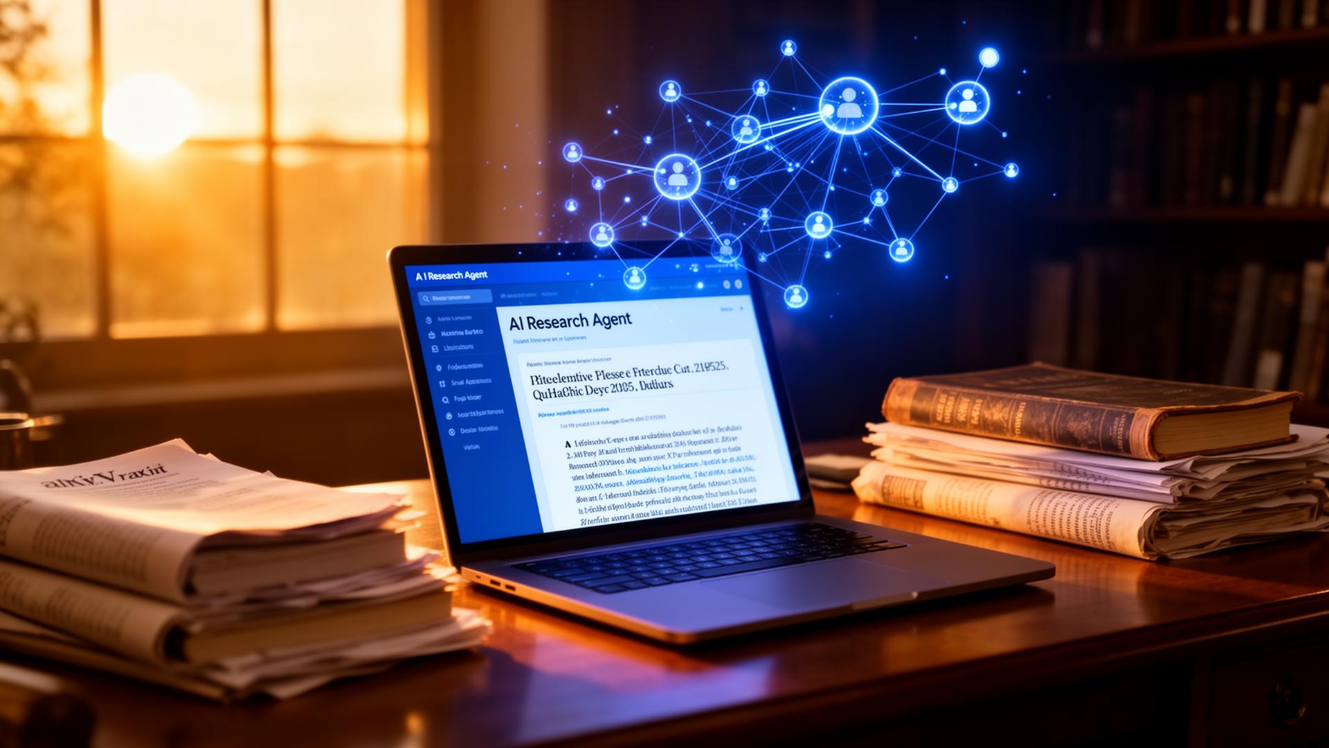 Best deep research AI agents for academic research and literature review in 2026 — scholar's desk with AI research dashboard, citation graph, and arXiv papers at golden hour