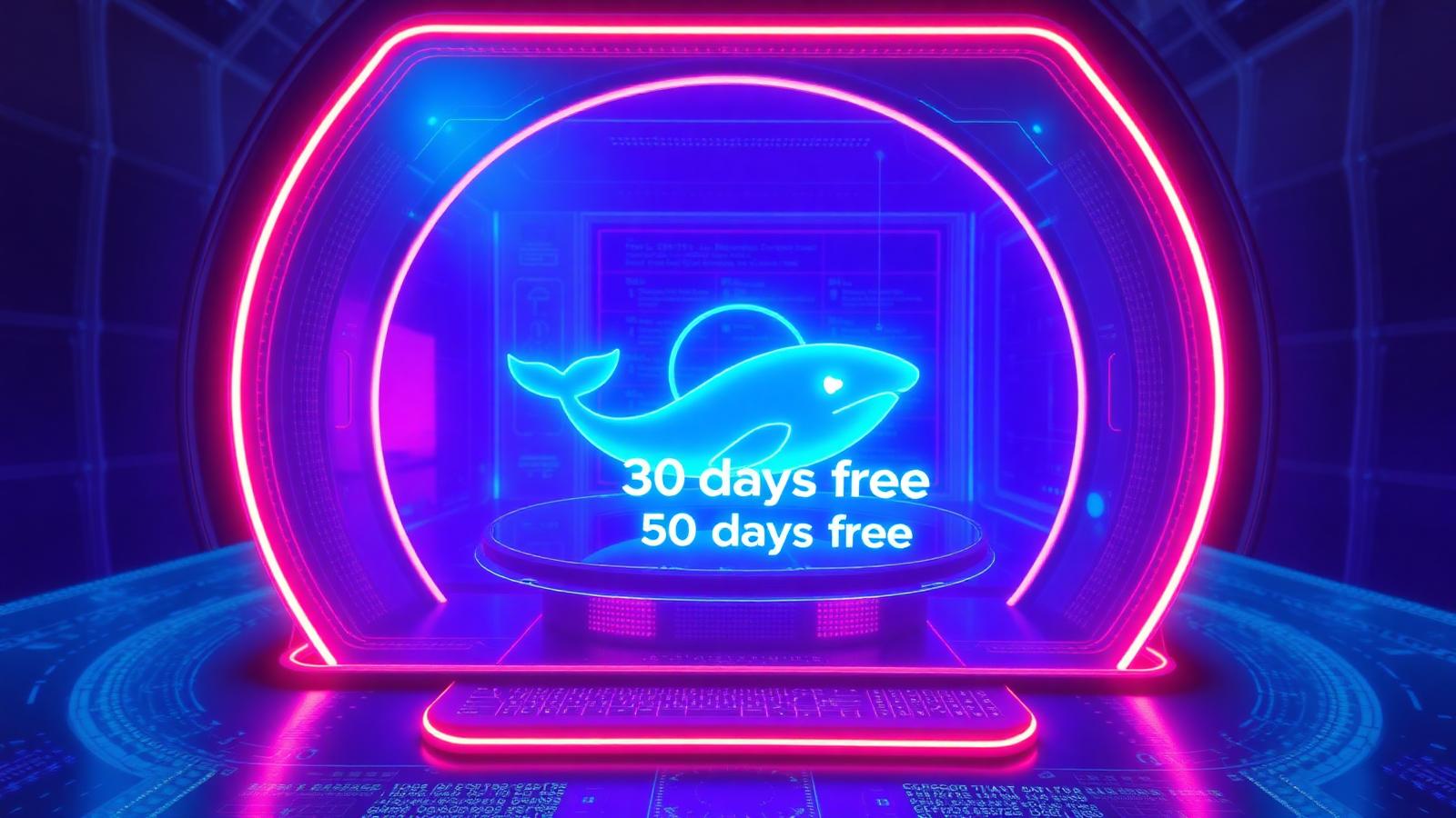Holographic DeepSeek V4 whale logo glowing inside Moclaw AI cloud computer interface