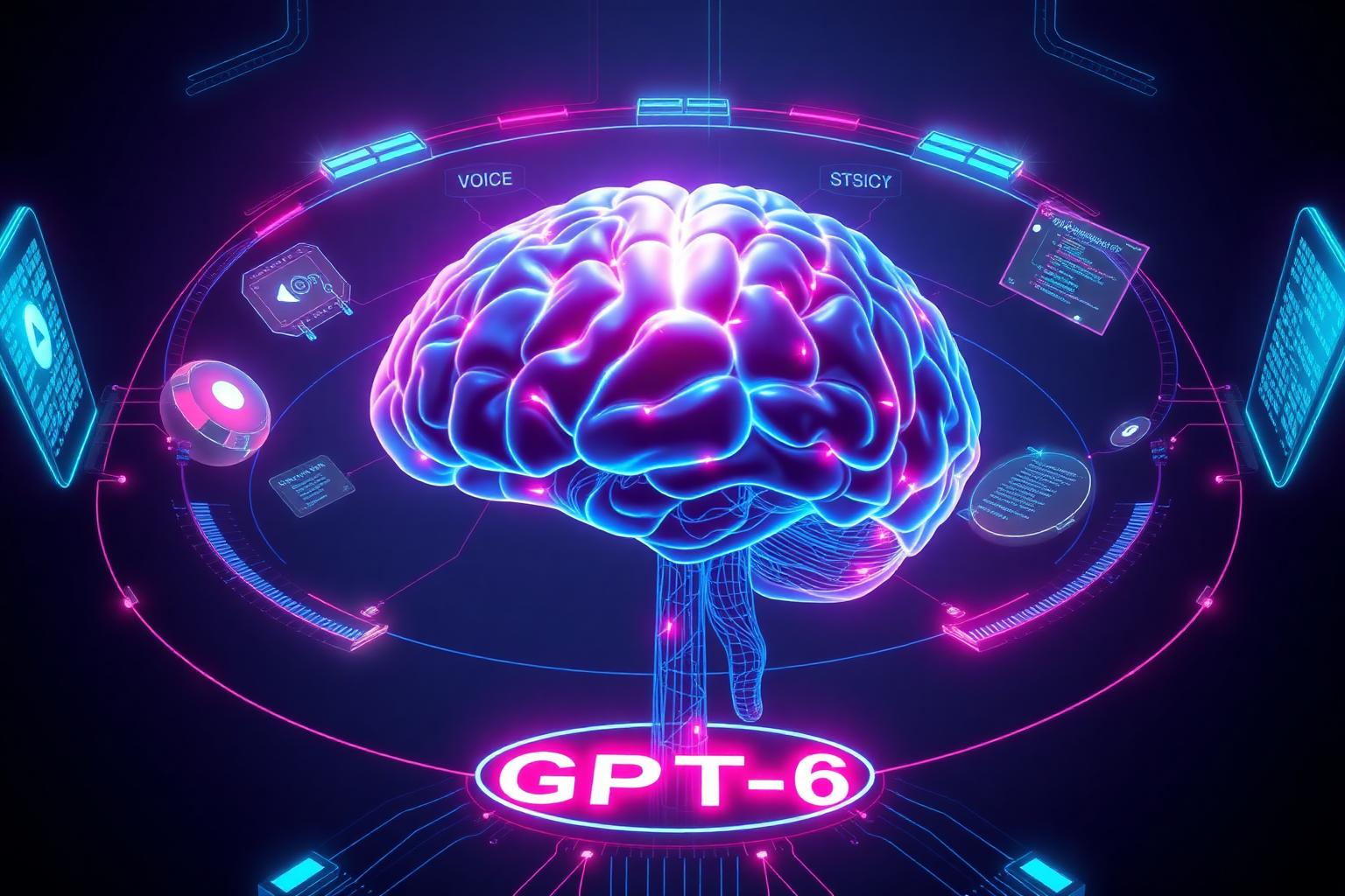 Glowing neural brain representing GPT-6 with orbiting holographic interfaces
