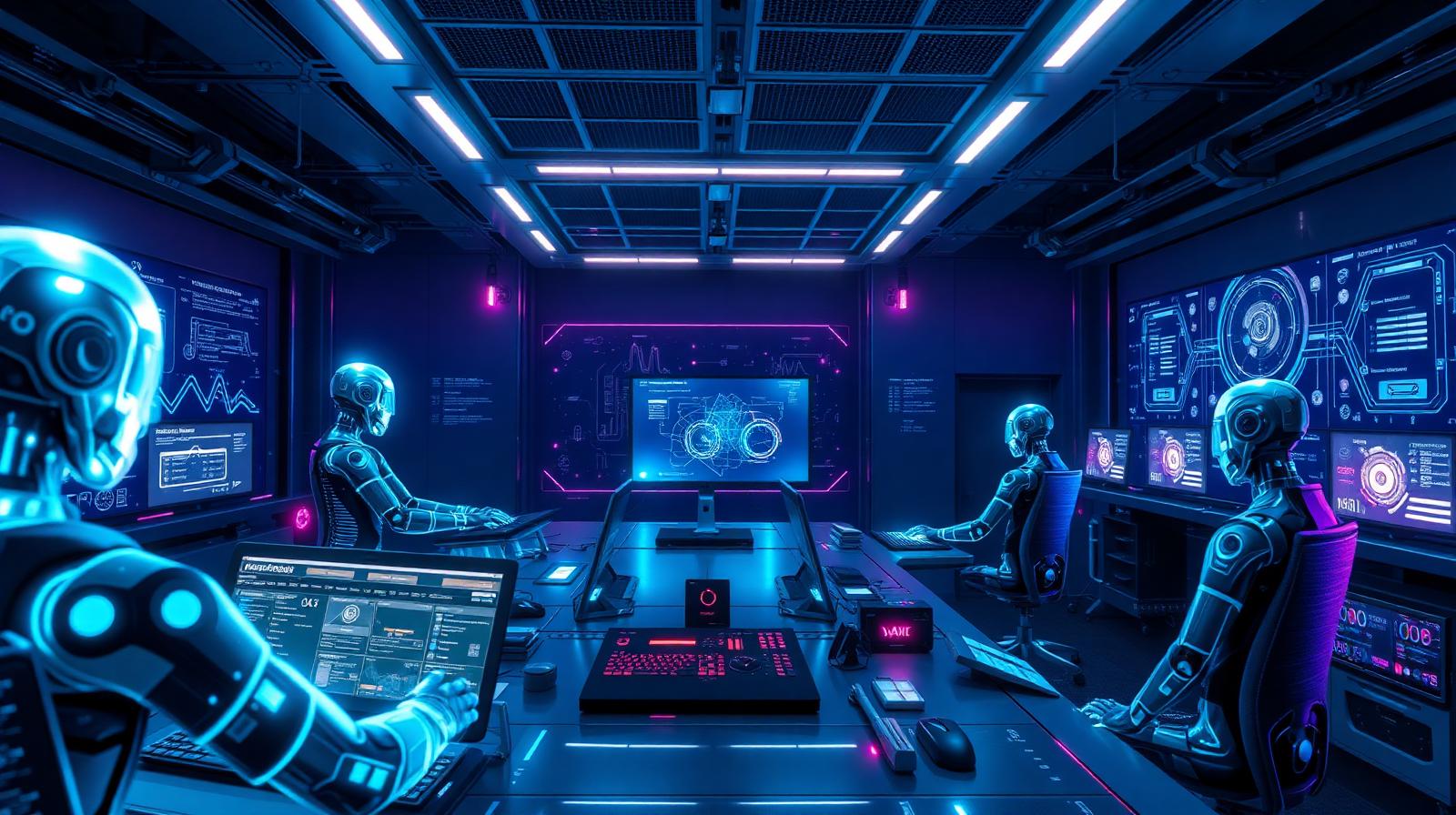 Salle de contrôle futuriste avec agents IA holographiques orchestrant une automatisation IA