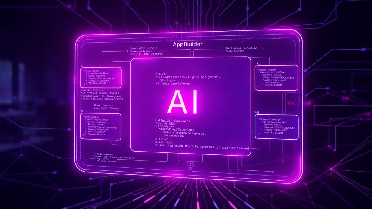 Holographic AI app builder interface with glowing code blocks representing Lovable AI