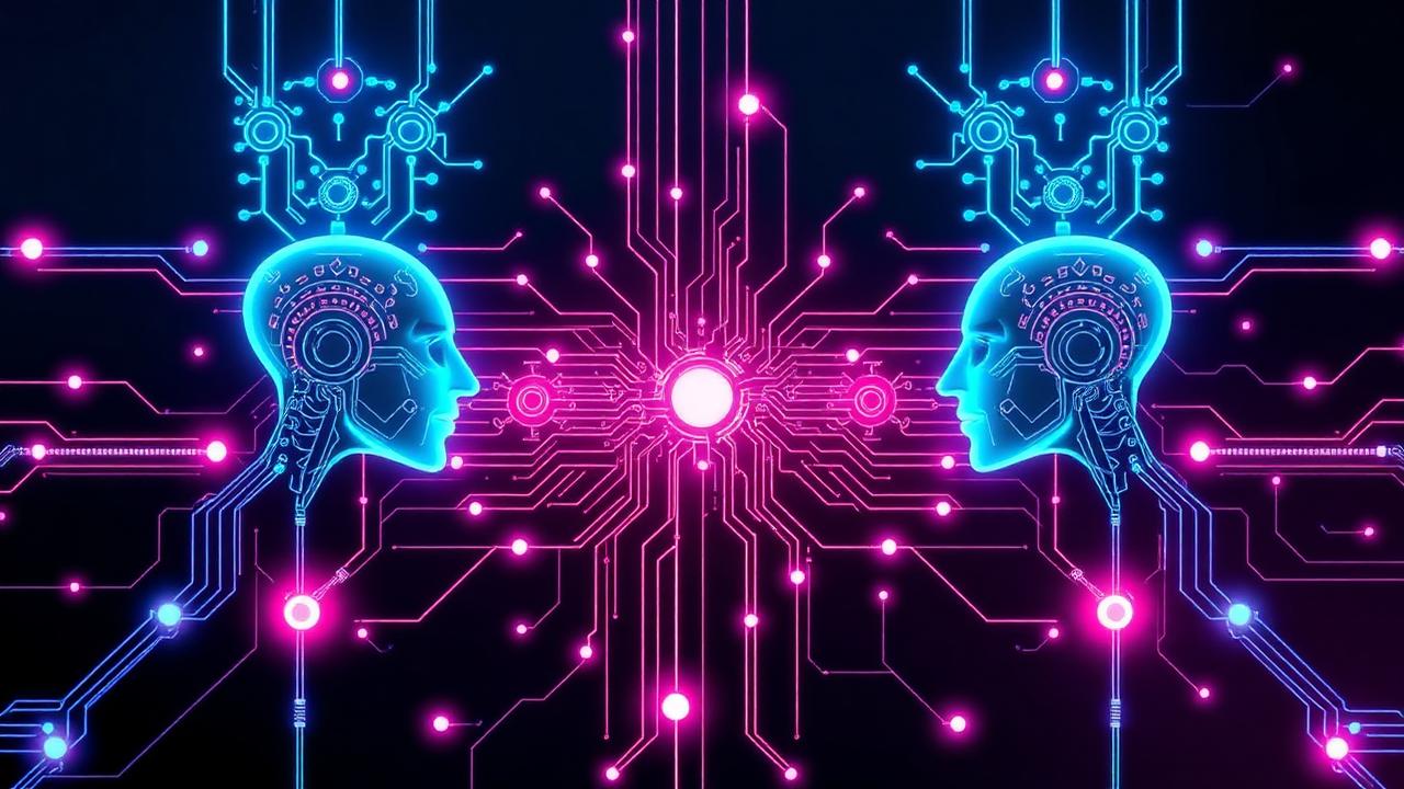 Neon illustration of two AI agents connected through a glowing universal protocol bus