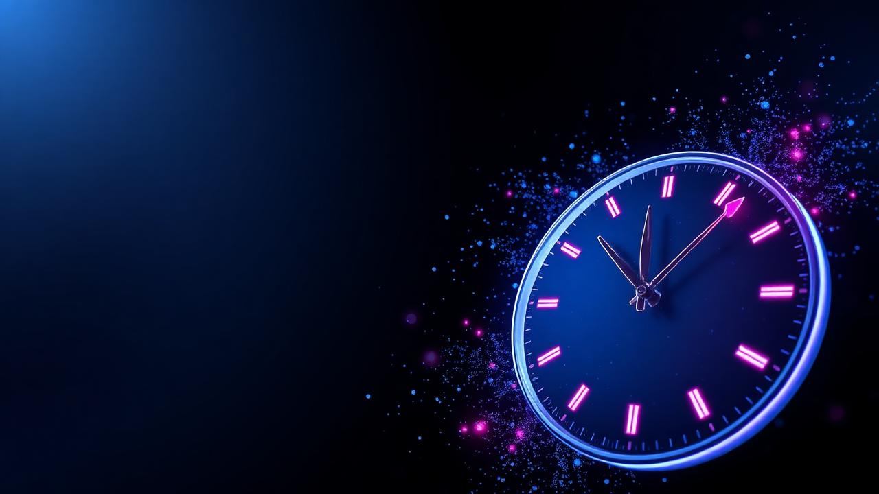Glowing clock surrounded by particles symbolizing AI productivity agents