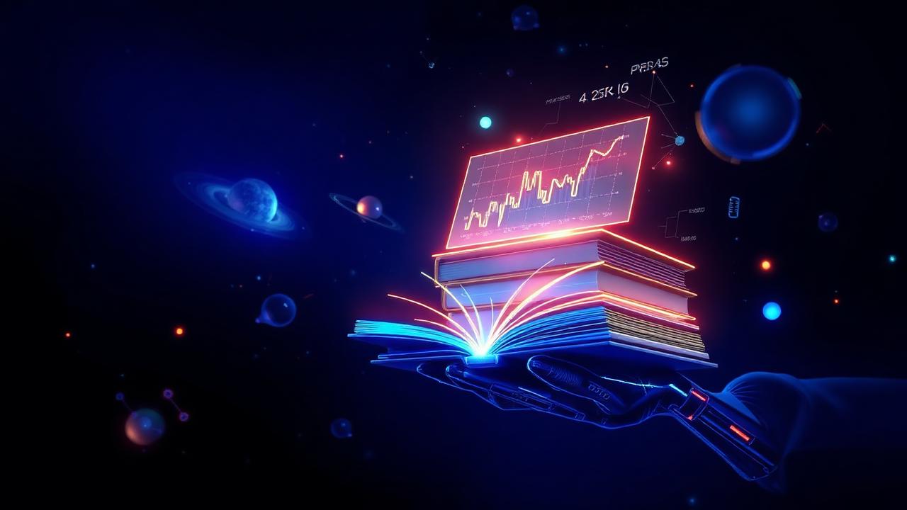 AI research agent synthesizing books and data charts in dark space